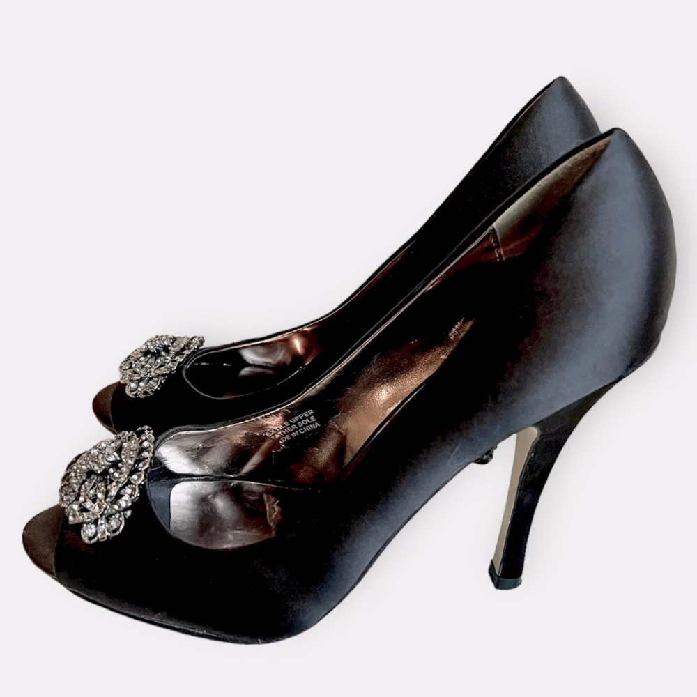 Audrey Brooke Black Satin Jeweled Peep Toe Pumps Sz 8